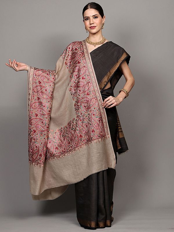 Shawl with Chain Stitch Aari Embroidered Paisleys Broad Border from Amritsar