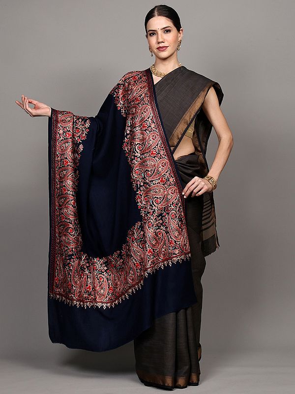 Shawl with Chain Stitch Aari Embroidered Paisleys Broad Border from Amritsar