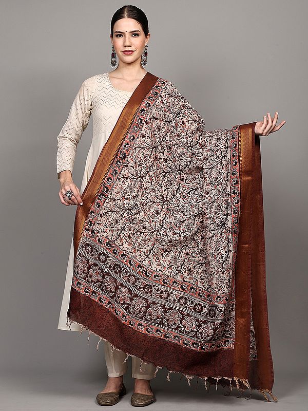 Kalamkari Dupatta from Telangana with Zari Border and Floral Print All-Over