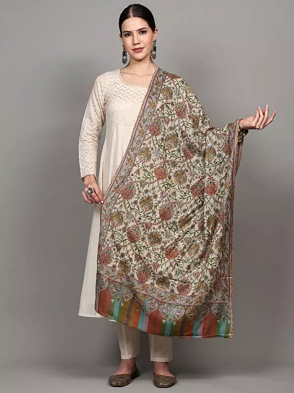 Almost-Aqua Kalamkari Stole with Chain Stitch Thread Embroidered Flowers in Multicolor