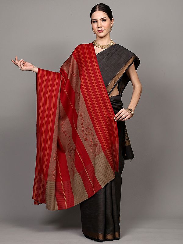 Scarlet-Sage Stripes Woven Shawl from Amritsar with Sozni Embroidery