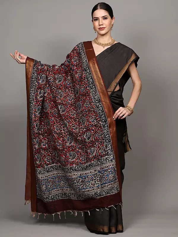 Multicolor Floral-Paisley Print Kalamkari Dupatta with Zari Border from Telangana