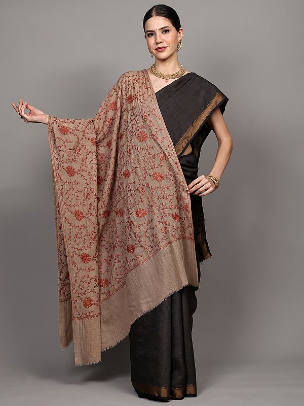 Irish-Cream Pure Wool Shawl with Sozni Hand-Embroidered Floral Jaal from Amritsar