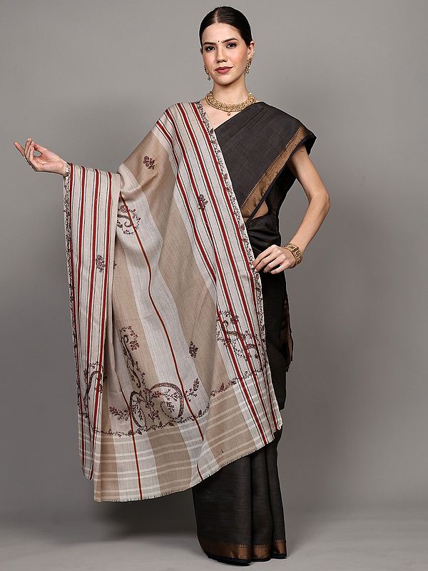 Dual-Color Stripes woven Shawl with Sozni Embroidered Paisleys from Punjab