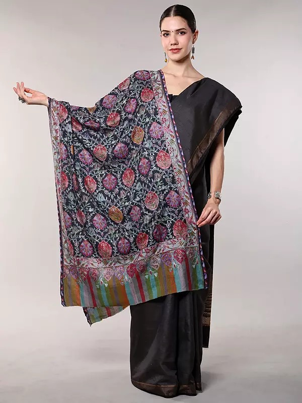 Kalamkari Embroidered Stole with Multicolor Flowers Motifs from Amritsar
