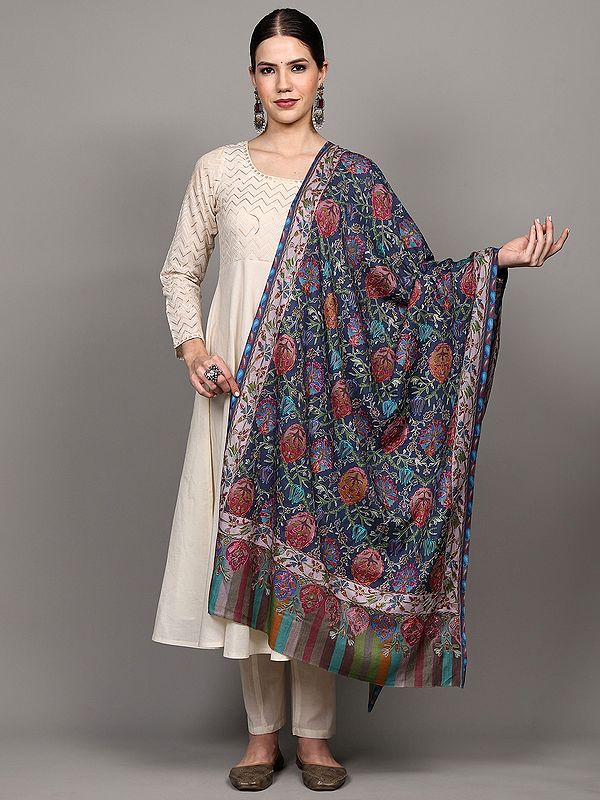 Bijou-Blue Kalamkari Embroidered Stole with Multicolor Flowers Motifs from Amritsar