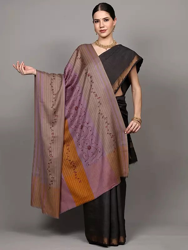 Multicolor Sozni Embroidered Shawl with Woven Pin-Stripes Patterns from Amritsar