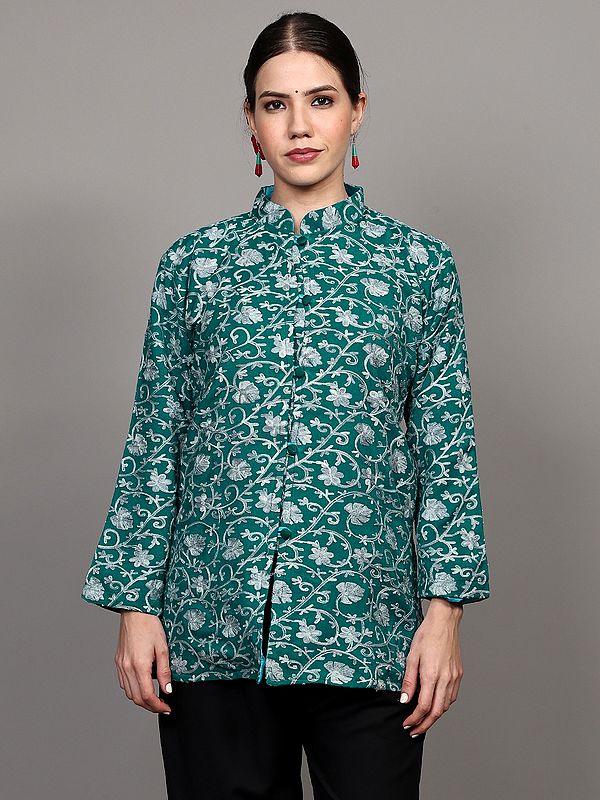 Wool Short Jacket with Aari Embroidered Floral Vines and Side Pockets from Kashmir