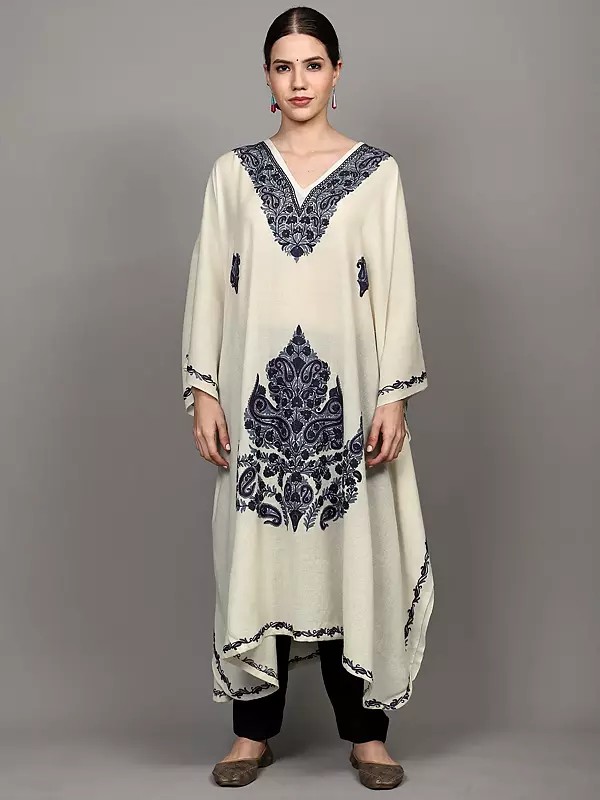 Cannoli-Cream Pure Wool Kaftan with Aari Embroidered Paisleys from Kashmir