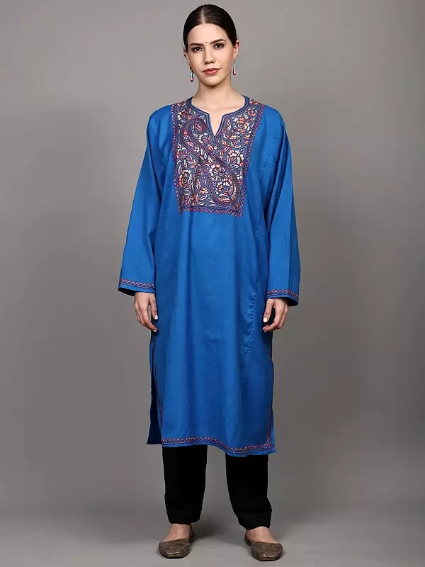Pure Wool Kashmiri Phiran with Sozni Embroidery on Neck and Side Pockets