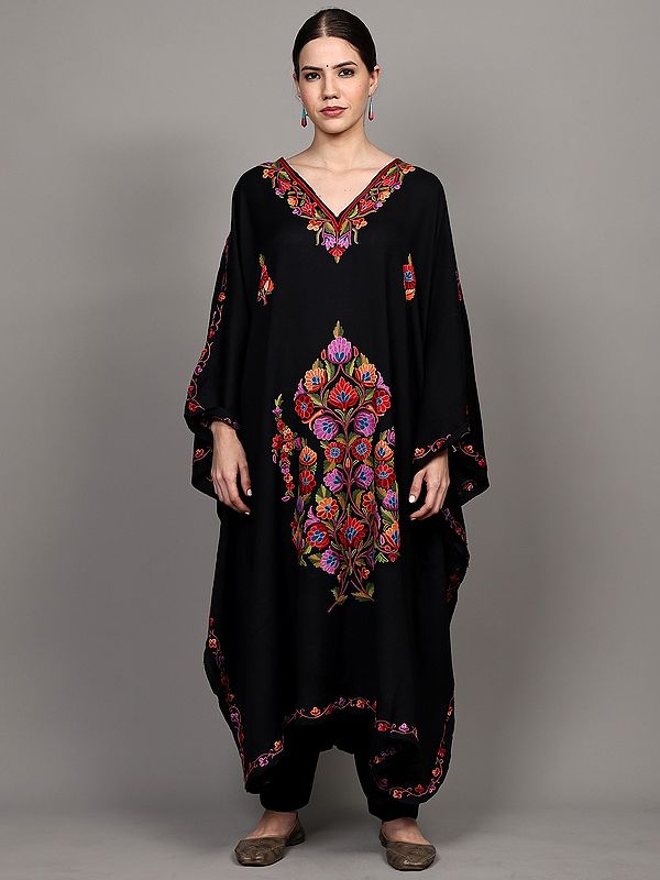Jet-Black Pure Wool Kashmiri Kaftan with Aari Embroidered Flowers in Multicolor Thread