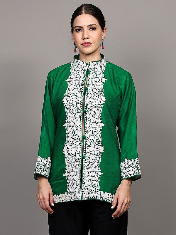Golf-Green Wool Short Jacket with Aari Embroidered Paisleys-Flowers Border from Kashmir
