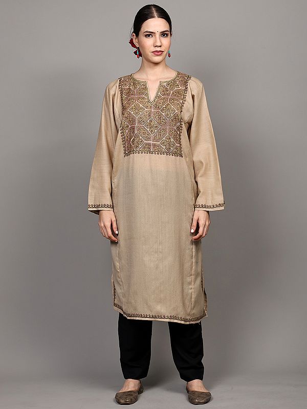 Shifting-Sand Wool Phiran with Aari Embroidery on Neck and Side Pockets from Kashmir