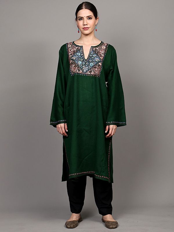 Verdant-Green Phiran with Side Pockets and Aari Embroidered Flowers on Neck and from Kashmir