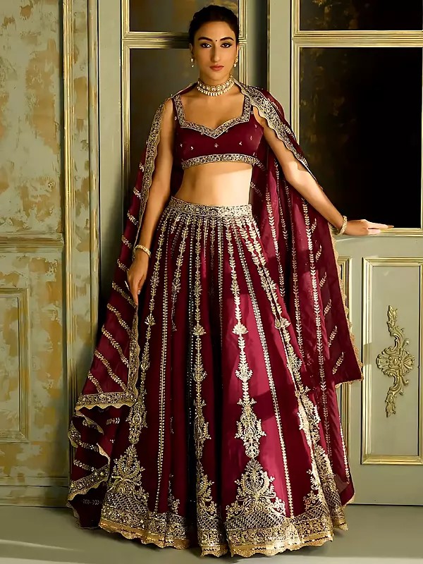 Maroon Royal Silk Lehenga Choli With Sequins Zari And Dori Embroidery Work And Dupatta