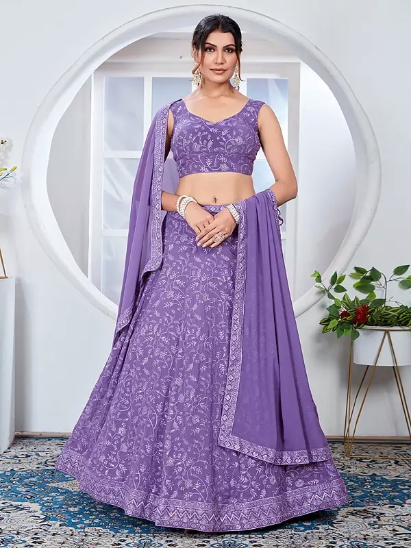 Elegant Light Purple Faux Georgette Lehenga With Beautiful Thread And Sequins Embroidery Work