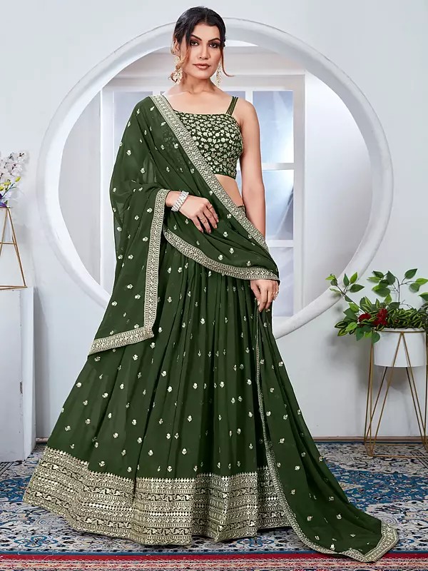 Embroidered Faux Georgette Lehenga Choli With Fine Thread And Sequin Work