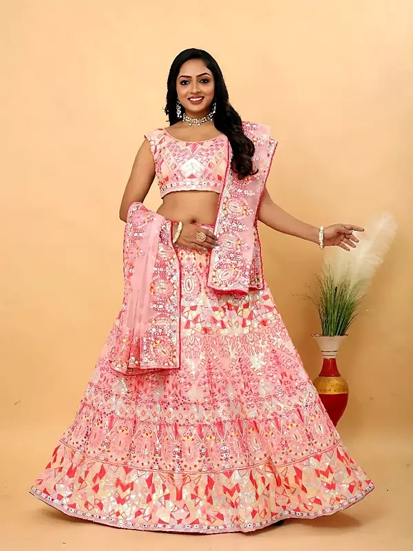 Premium Georgette Embellished Lehenga Choli With Dupatta Multicolour Thread Sequins And Foil Mirror Work