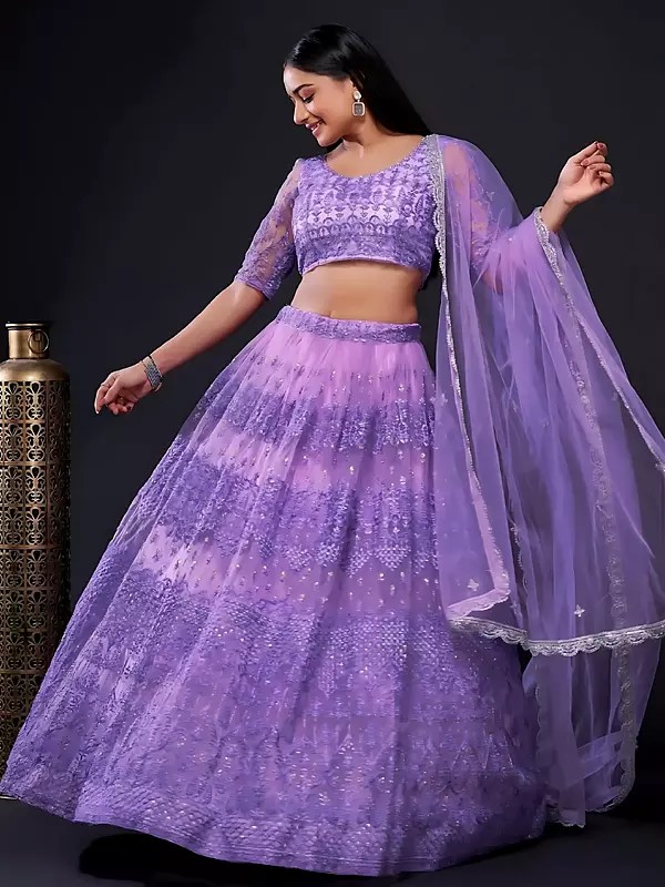 Net Lehenga Choli Set With Dupatta Beautifully Designed With Intricate Thread Zari And Sequin Work