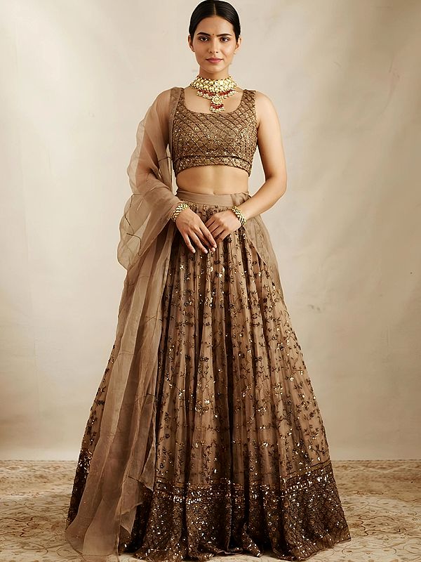 Soft Net Embroidered Lehenga Choli With Heavy Sequin Work And Matching Dupatta For Wedding
