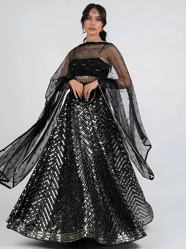 Stylish Black Georgette Lehenga With Dori Zari And Thread Work Paired With Banglori Silk Blouse And Net Dupatta