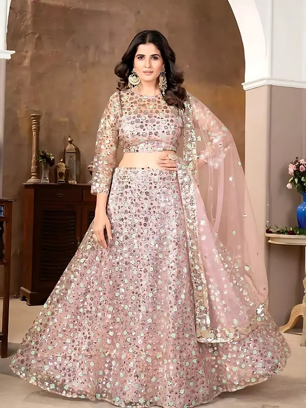 Stunning Baby Pink Premium Net Lehenga Choli With Intricate Sequins Embroidery And Elegant Dupatta