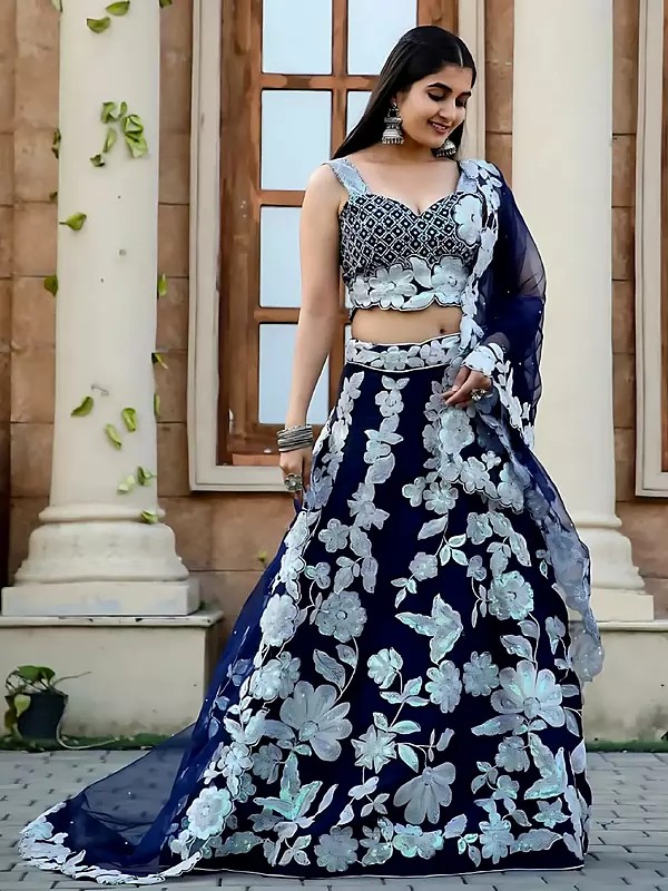 Stylish Navy Blue Kasturi Silk Georgette Lehenga Choli With Elegant Sequins And Dori Work