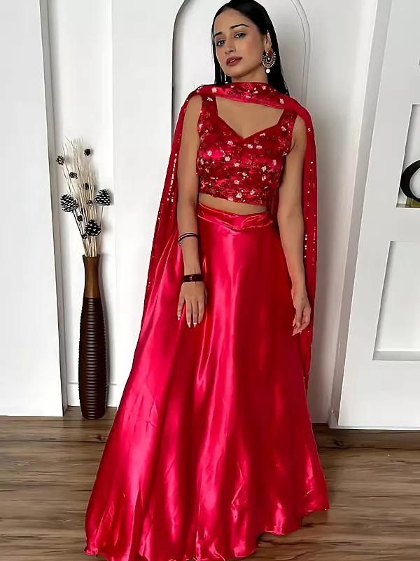 Elegant Japan Satin Silk Lehenga With Georgette Dupatta And Intricate Dori Sequins And Thread Work Blouse