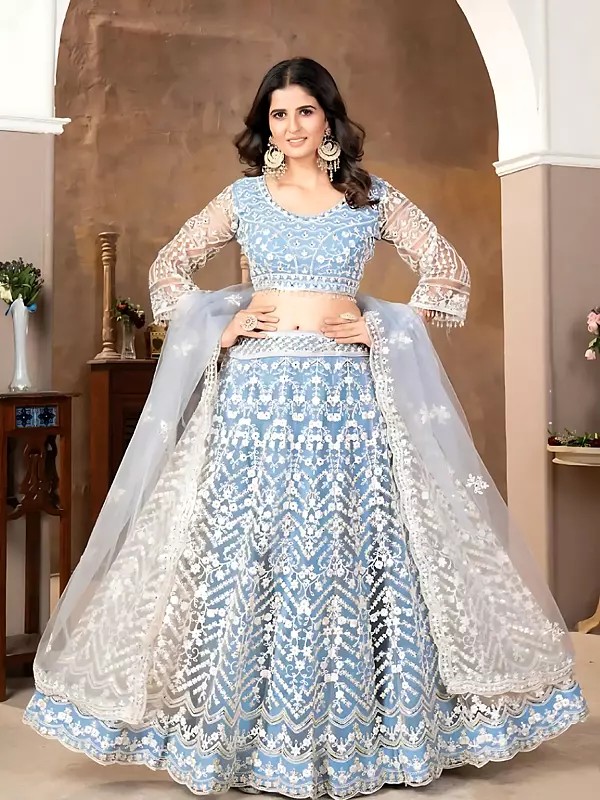 Gorgeous Premium Net Lehenga Choli Featuring Intricate Heavy Coding Sequins Work And Graceful Dupatta