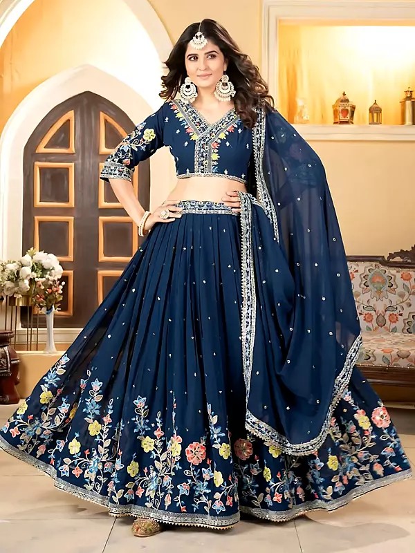 Faux Georgette Lehenga Choli With Multi Colour Thread Embroidery Coding And Heavy Sequins Work