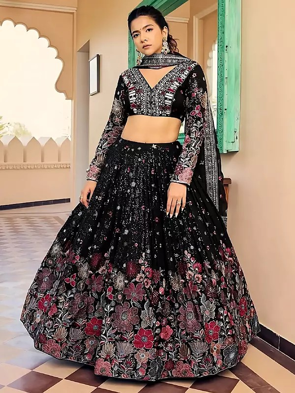Black Faux Georgette Embroidered Lehenga Choli With Dupatta Featuring Exquisite Sequence And Thread Work