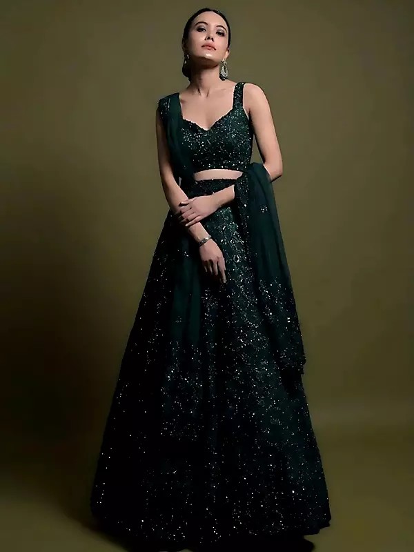 Gorgeous Green Net Lehenga With Thai Silk Blouse Featuring Elegant Sequence Thread And Dori Work