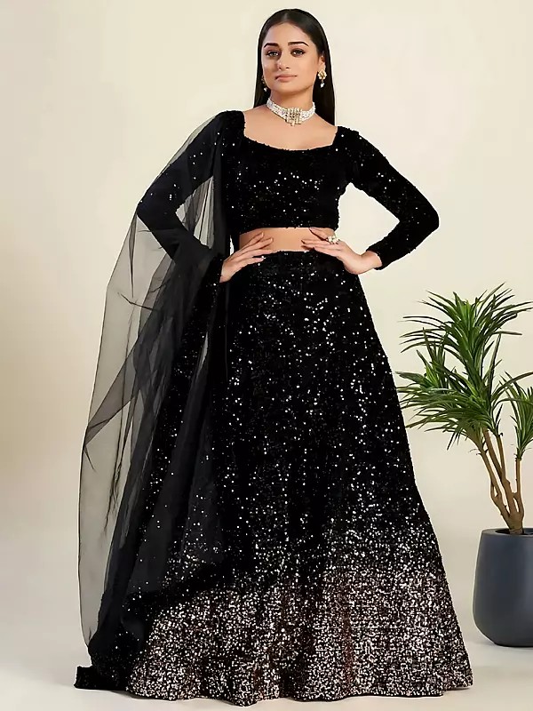 Stunning Black Velvet Lehenga Choli With All Over Sequence Work And Matching Dupatta Perfect Party Wear