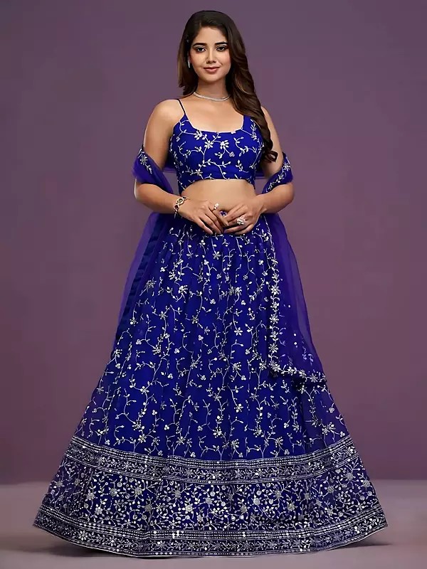 Blue Georgette Embroidered Lehenga Choli With Stunning Sequence And Zari Detailing Ideal For Weddings Engagements