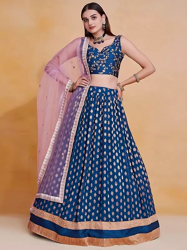Nylon Georgette Lehenga With Zari And Pearl Border Paired With Silk Blouse Featuring Zari And Sequin Embroidery Work