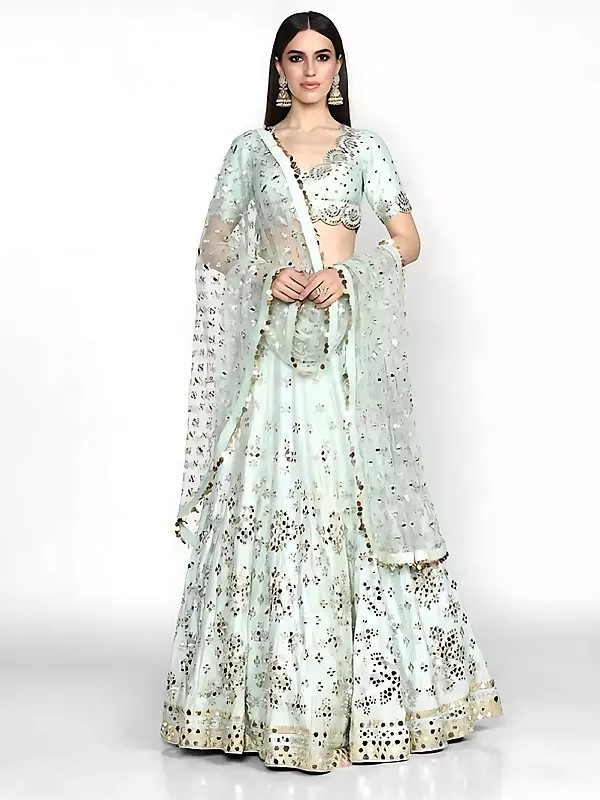 Stylish Art Silk Lehenga With Intricate Thread Zari And Foil Mirror Embroidery Work For Festive And Wedding Wear