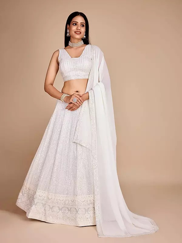 Lehenga Set Designed With Elegant Thread And Sequin Embroidery On Soft Faux Georgette Fabric