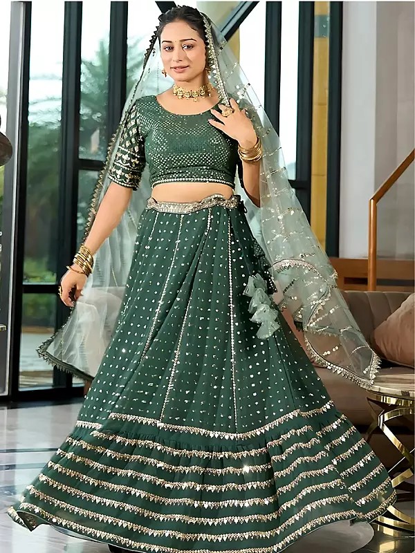 Elegant Green Lehenga Set With Zari And Sequins Embroidery And Matching Dupatta For Special Occasions
