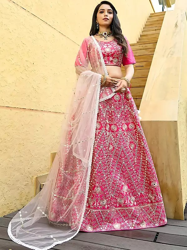 Gorgeous Pink Lehenga Set In Devsena Silk With Foil Mirror Zari And Cording Sequence Embroidery For Grand Occasions