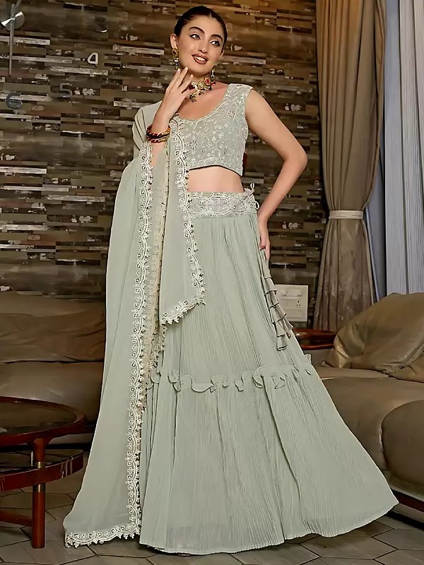 Georgette Lehenga Choli Set With Detailed Crush Work And Flowing Dupatta For Special Occasions
