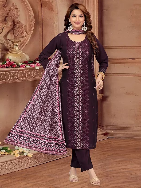 Wine Soft Silk Kurta Set With Resham Embroidery And Georgette Digital Print Dupatta