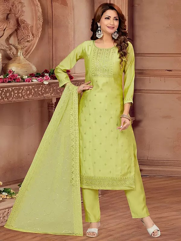 Traditional Pista-Green Silk Kurta Set With Intricate Resham Embroidery And Soft Net Dupatta