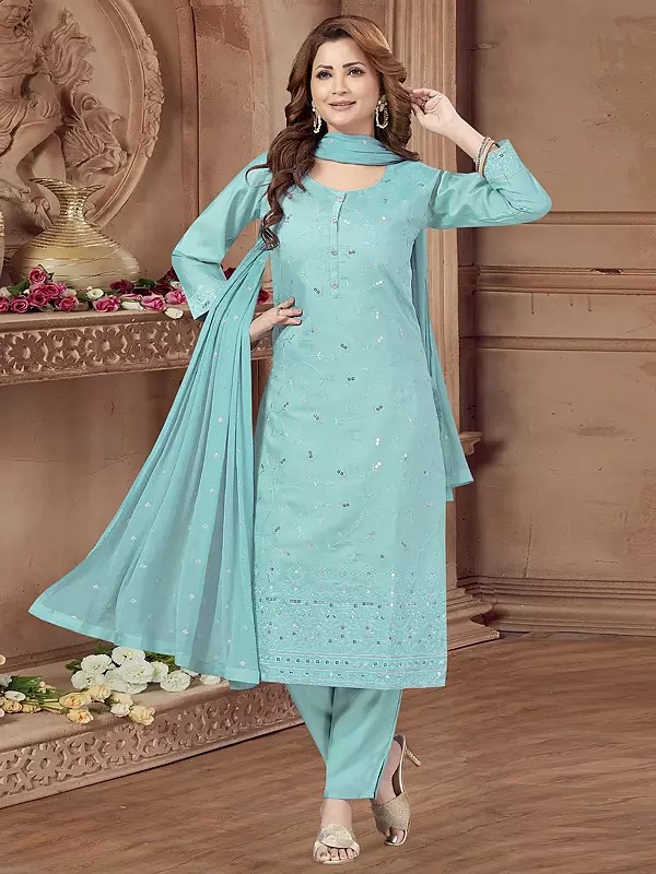 Beautiful Firozi Soft Silk Kurta Set Featuring Delicate All Over Sequin Embellishment