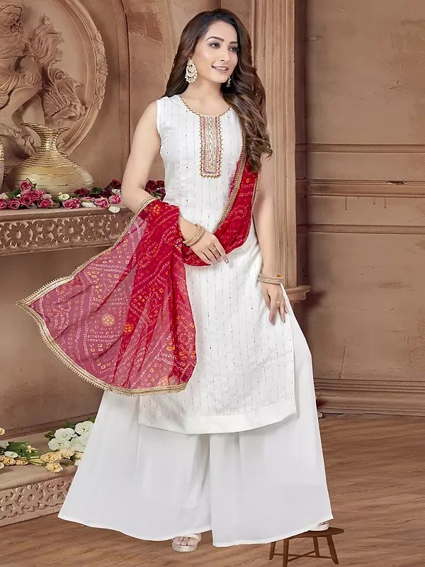 Elegant White And Red Kurta Set With Hand Work And Sequence Detailing In Faux Georgette Fabric