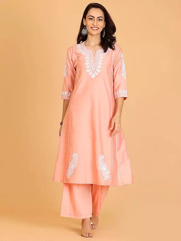 Beautiful Peach Cotton Silk Kurta Set With Delicate Embroidery For Casual And Festive Occasions
