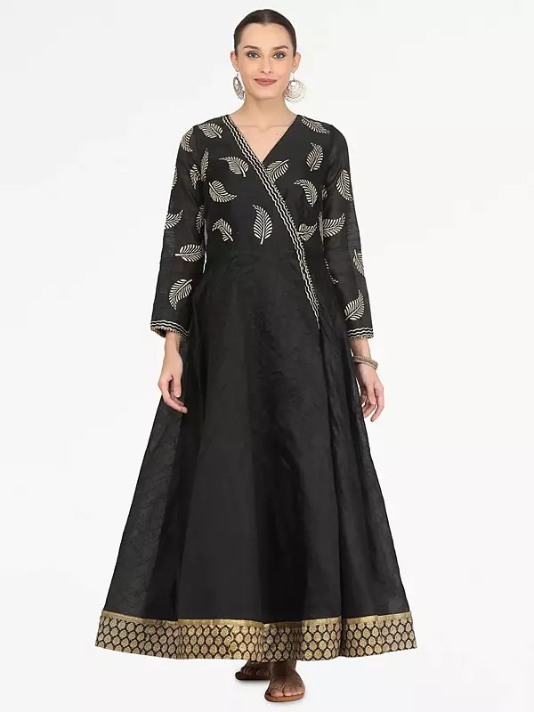 Classic Black Silk Anarkali With Block Print And Golden Trim Perfect For Traditional Celebrations