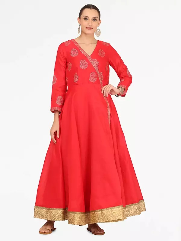 Women's Flared Long Sleeve Red Silk Anarkali Dress With Golden Zari Embroidery Festive Party Wear Gown