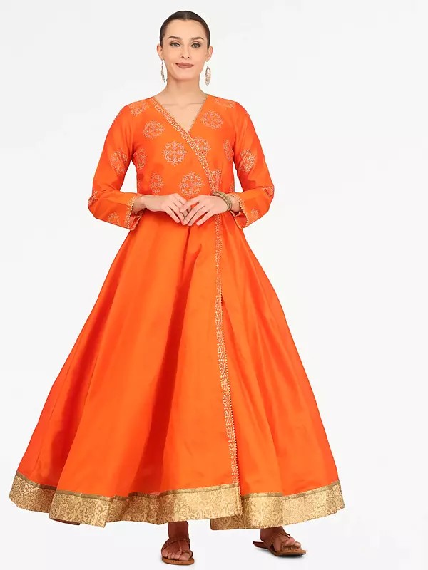 Orange Silk Flared Anarkali Dress Long Gown With Golden Zari Embroidery Angrakha Style Festive Party Wedding Wear For Women
