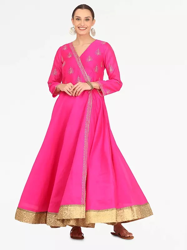 Pink Silk Flared Anarkali Dress Long Gown With Golden Zari Embroidery Angrakha Style Festive Party Wedding Wear For Women