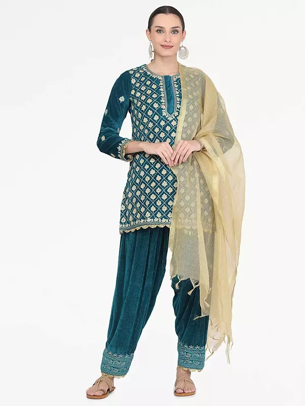 Teal-Green Velvet Salwar Kameez Suit With Heavy Golden Embroidery And Chanderi Dupatta Indian Traditional Party Wear For Women